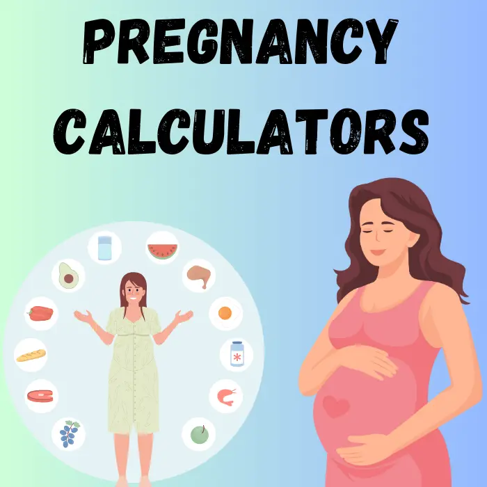 Illustration of pregnancy calculators with a pregnant woman and dietary icons.