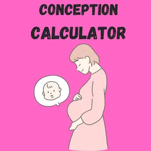 "Conception calculator illustration showing a pregnant woman with a baby thought bubble on a pink background."