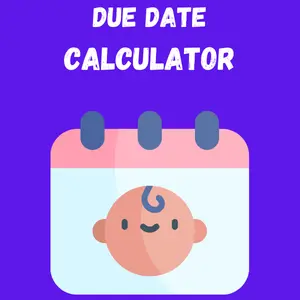 "Due date calculator icon featuring a calendar with a smiling baby face on a purple background."