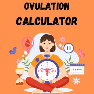 "Ovulation calculator illustration featuring a woman holding a clock surrounded by menstrual symbols on an orange background."