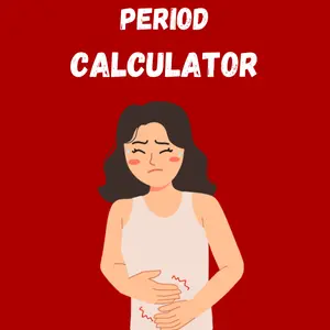 "Period calculator illustration showing a woman experiencing menstrual cramps on a red background."