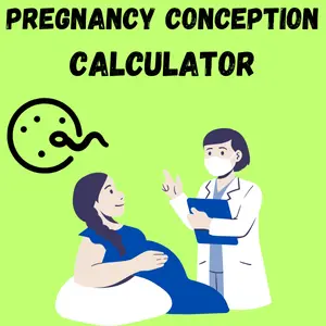 "Pregnancy conception calculator illustration showing a pregnant woman consulting a doctor with a sperm icon on a green background."