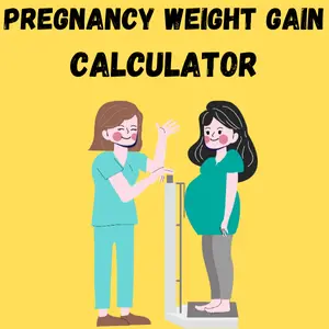 "Pregnancy weight gain calculator illustration showing a pregnant woman on a scale with a nurse assisting, on a yellow background."