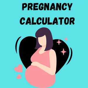 "Pregnancy calculator illustration featuring a pregnant woman with a heart background on a blue backdrop."